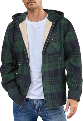 COOFANDY Men's Flannel Fleece Jacket Sherpa Lined Shirt Jacket Plaid Zip Up Hoodie Soft Warm Coat with Hood