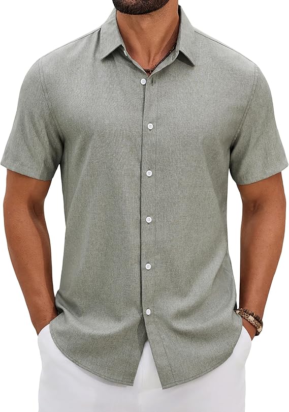 COOFANDY Mens Button Down Shirt Short Sleeve Casual Linen Shirts Summer Beach Wedding Shirts