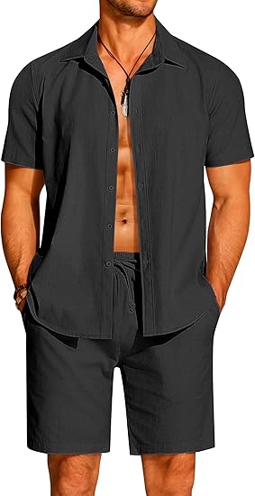 COOFANDY Men's 2 Pieces Cotton Linen Set Short Sleeve Button Down Shirts Summer Beach Shorts Casual Outfits