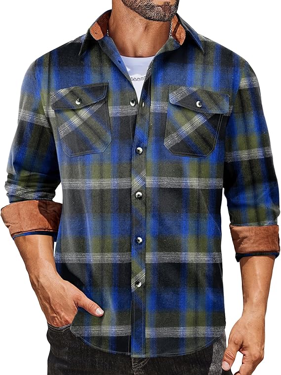 COOFANDY Men's Fall Plaid Button Down Shirt Long Sleeve Casual Cowboy Work Shirts Lightweight Flannel Shirts Two Pocket