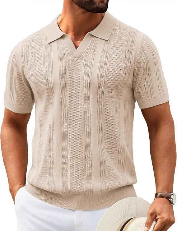 COOFANDY Mens Knit Polo Shirts V Neck Textured Polo Shirts Short Sleeve Breathable Polo Casual Collared T Shirt Fashion Tops