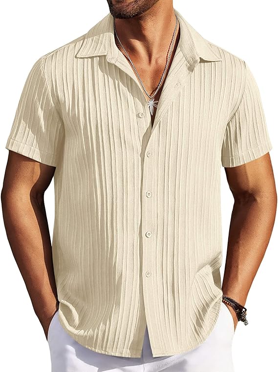 COOFANDY Men's Casual Button Down Shirts Short Sleeve Textured Summer Beach Shirts