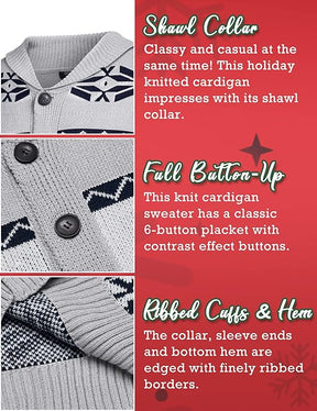 COOFANDY Men's Christmas Cardigans Ugly Xmas Sweaters Reindeer Snowflake Shawl Collar Knitted Cardigan Sweater