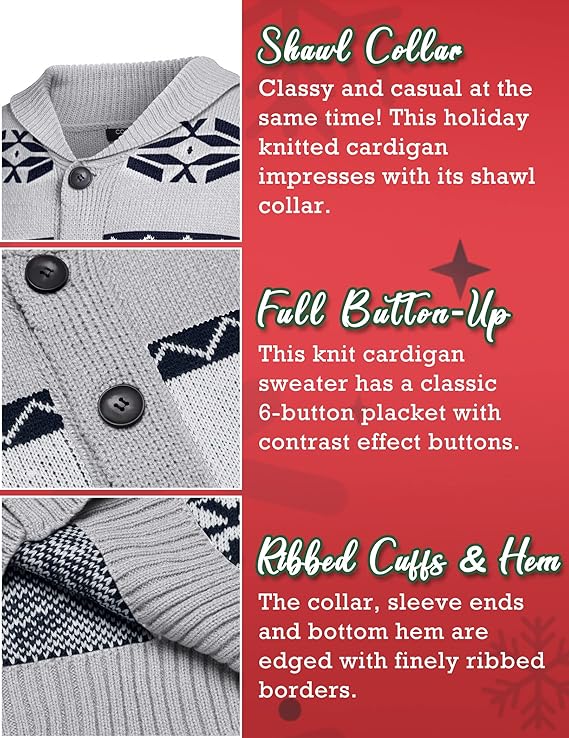 COOFANDY Men's Christmas Cardigans Ugly Xmas Sweaters Reindeer Snowflake Shawl Collar Knitted Cardigan Sweater