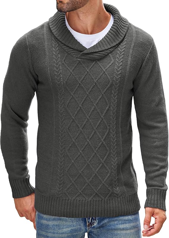 COOFANDY Men's Shawl Collar Sweaters V-Neck Relaxed Fit Cable Pullovers