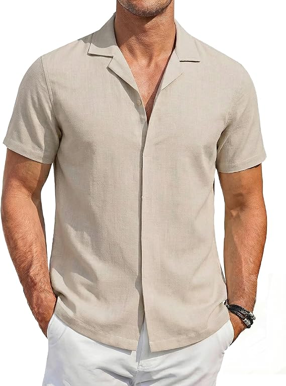 COOFANDY Men's Cotton Shirts Short Sleeve Button Down Shirts Casual Beach Summer Cuban Collar Shirt