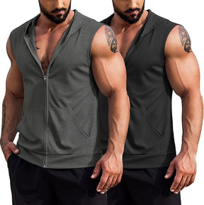 COOFANDY Men's Workout Hooded Tank Tops 2 Pack Zip Up Sleeveless Gym Shirts Muscle Cut Off T Shirt Bodybuilding Hoodies