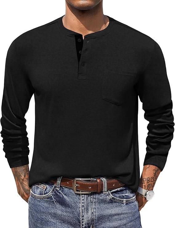 COOFANDY Men Long Sleeve Henley T-Shirs Casual Basic Lightweight Fashion Shirts Soild Tees with Pockets