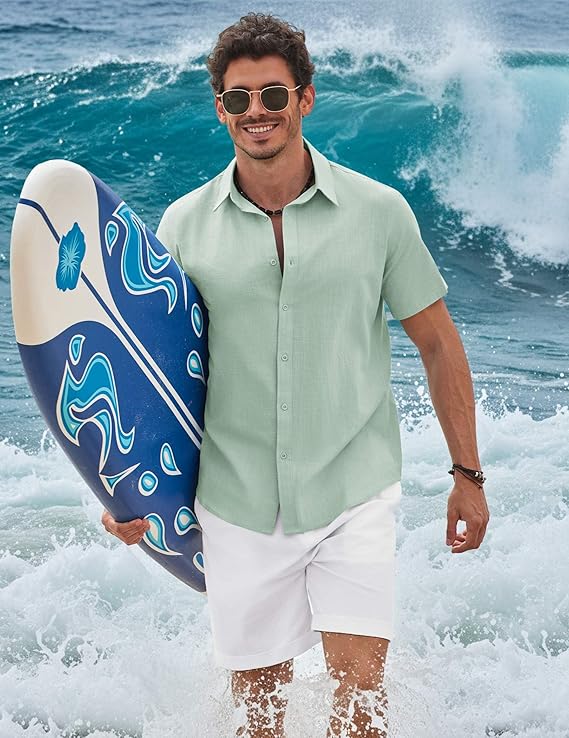 COOFANDY Mens Button Down Shirts Short Sleeve Casual Shirt Cotton Summer Beach Linen Wedding Shirts