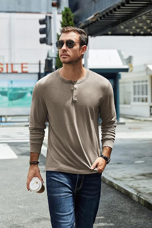 COOFANDY Henley T-Shirt Long Sleeve Pullover Shirts Basic Tees