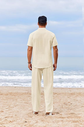 COOFANDY Men's 2 Piece Cotton Sets Casual Short Sleeve Henley Shirts and Beach Pants with Pockets Summer Vacation Outfits