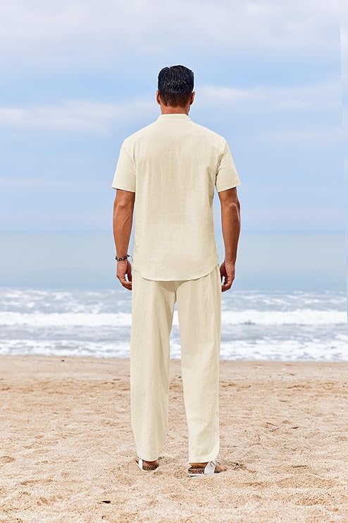 COOFANDY Men's 2 Piece Cotton Sets Casual Short Sleeve Henley Shirts and Beach Pants with Pockets Summer Vacation Outfits