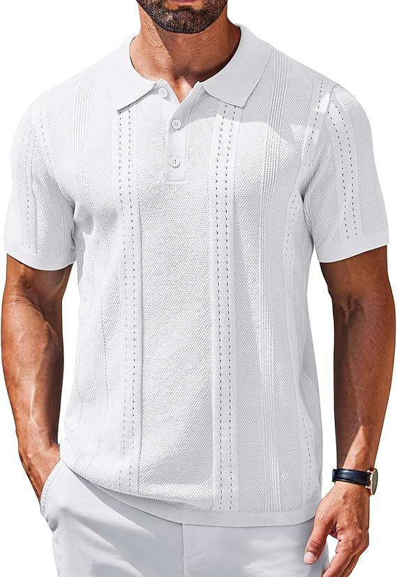 COOFANDY Mens Knit Polo Shirts Short Sleeve Textured Button Down Polo Shirt Cuban Guayabera Summer Beach Shirts