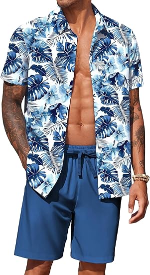 COOFANDY Men's Hawaiian 2 Piece Outfits Summer Beach Matching Set Short Sleeve Floral Shirts and Shorts
