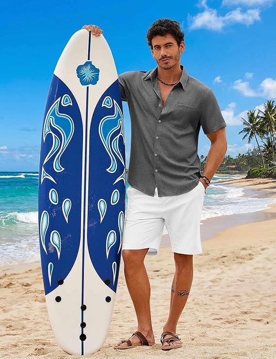 COOFANDY Mens Button Down Shirt Short Sleeve Casual Shirts Summer Beach Wedding Linen Shirt with Pocket