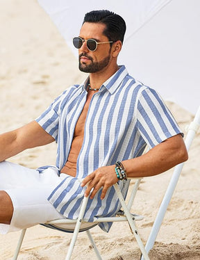 COOFANDY Mens Short Sleeve Casual Shirts Button Down Striped Summer Shirts Textured Vacation Beach Shirt