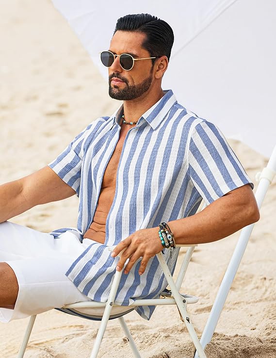 COOFANDY Mens Short Sleeve Casual Shirts Button Down Striped Summer Shirts Textured Vacation Beach Shirt
