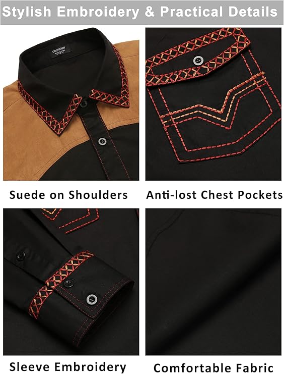 COOFANDY Western Cowboy Shirt Long Sleeve Slim Fit