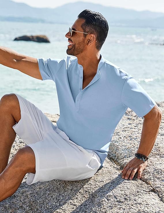 COOFANDY Men's Henley Shirt Short Sleeve Casual T-Shirt Summer Beach Hippie Henley Tee Shirt