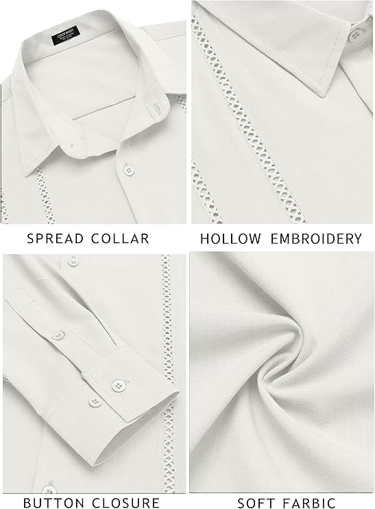 COOFANDY Mens Cuban Guayabera Shirt Casual Button Down Shirts Long Sleeve Summer Beach Shirts