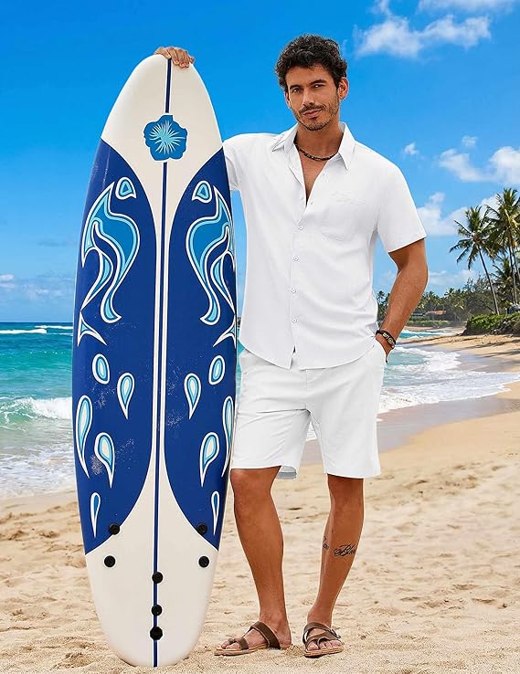 COOFANDY Mens Button Down Shirt Short Sleeve Casual Shirts Summer Beach Wedding Linen Shirt with Pocket