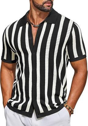 COOFANDY Men's Knit Shirts Short Sleeve Button Down Polo Shirt Striped Casual Summer Beach Shirts