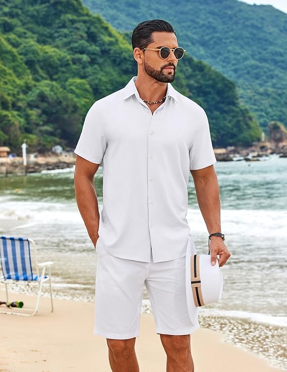 COOFANDY Mens Button Down Shirt Short Sleeve Casual Linen Shirts Summer Beach Wedding Shirts