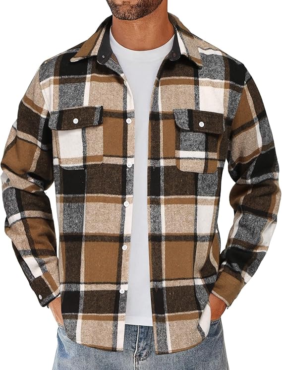 COOFANDY Men's Flannel Shirts Long Sleeve Cotton Plaid Shirt Jacket Casual Button Down Shirt with Pockets