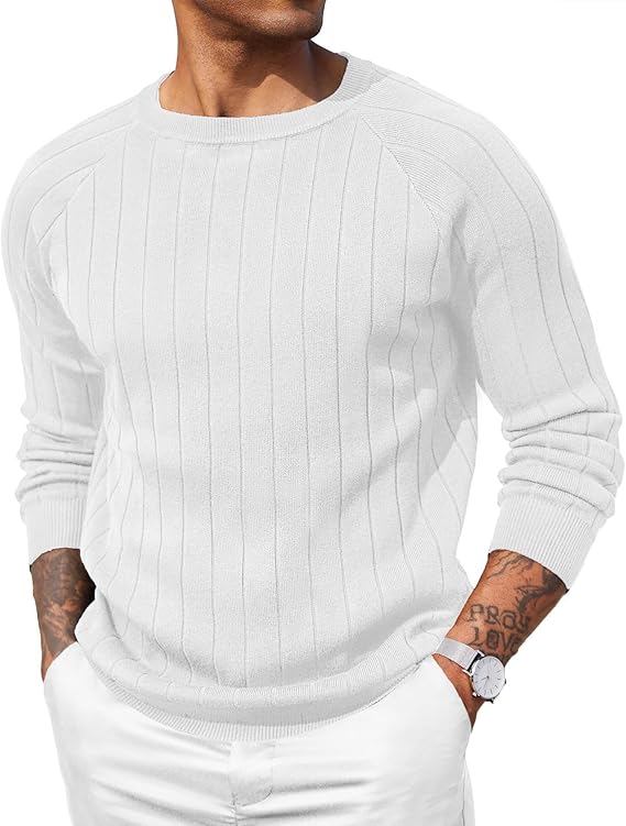 COOFANDY Mens Crewneck Pullover Sweaters Business Casual Long Sleeve Slim Fit Sweater Chunky Cable Knit Sweater