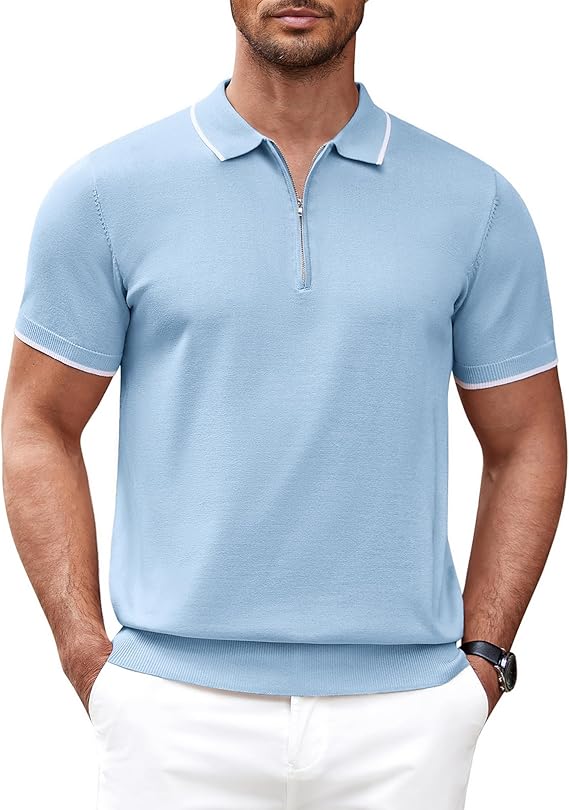 COOFANDY Men's Zipper Polo Slim Fit Shirt Knitted Spiral Cuffs Basic Tee