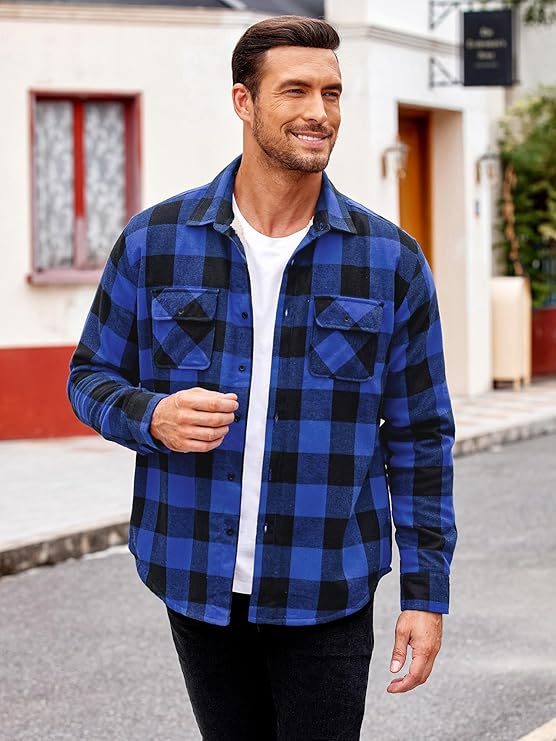 COOFANDY Men's Faux Shearling Lined Flannel Shirt Jacket Long Sleeve Button Up Fleece Plaid Shirts S-XXL