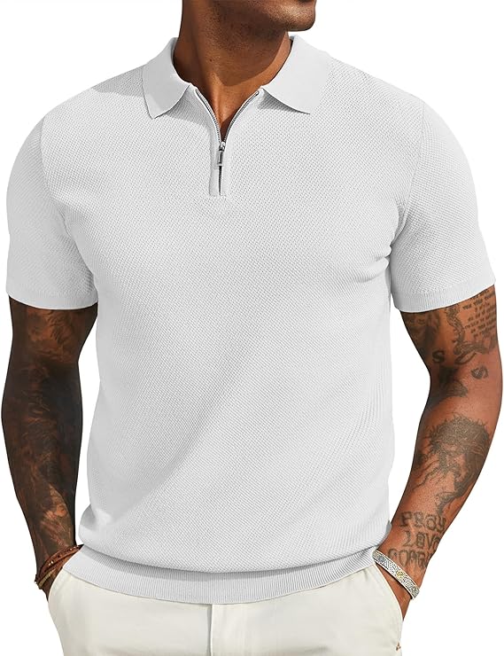 COOFANDY Mens Textured Knit Polo Shirts Zipper Polo Shirts Short Sleeve Casual Lightweight Golf Shirt