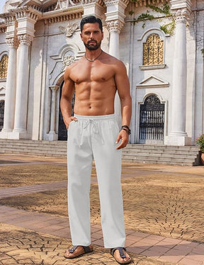 COOFANDY Men's Casual Linen Pants Loose Fit Elastic Waist Drawstring Lightweight Pant Summer Beach Trousers