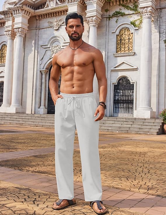COOFANDY Men's Casual Linen Pants Loose Fit Elastic Waist Drawstring Lightweight Pant Summer Beach Trousers
