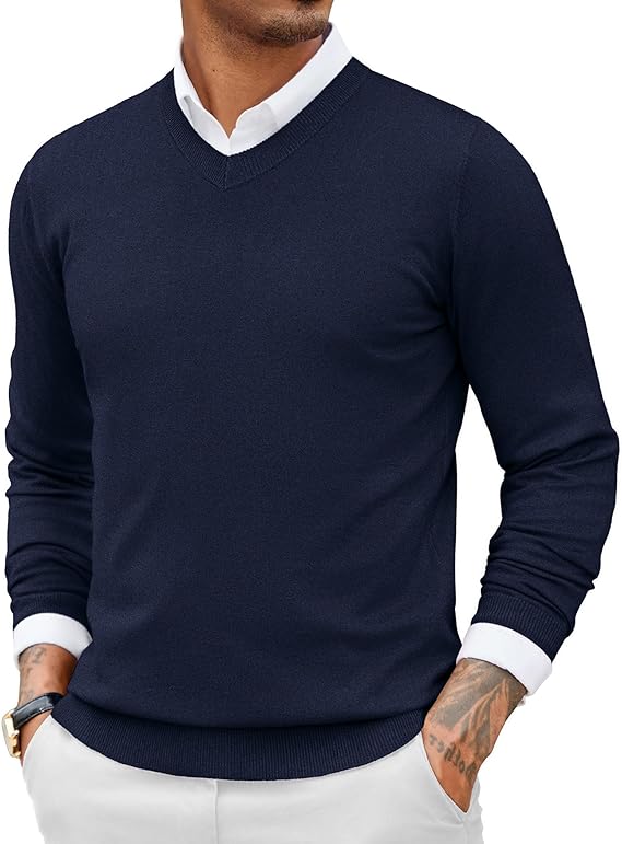 COOFANDY Men Casual V Neck Sweater Ribbed Knit Slim Fit Long Sleeve Pullover Top