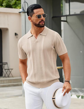 COOFANDY Mens Knit Polo Shirts V Neck Textured Polo Shirts Short Sleeve Breathable Polo Casual Collared T Shirt Fashion Tops