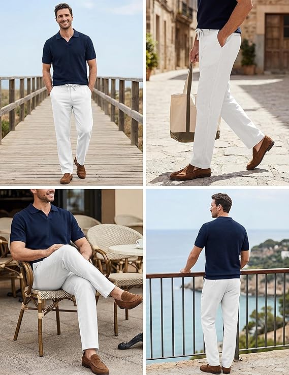 COOFANDY Men's Cotton Linen Pants Casual Drawstring Dress Pants Beach Summer Lightweight Trousers