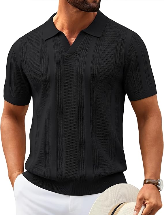 COOFANDY Mens Knit Polo Shirts V Neck Textured Polo Shirts Short Sleeve Breathable Polo Casual Collared T Shirt Fashion Tops