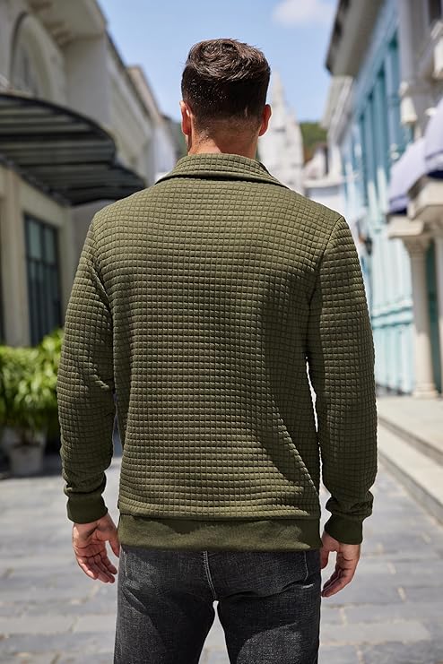COOFANDY Mens 1/4 Quilted Pullover Half Casual Stand Collar Long Sleeve Sweatshirt Big and Tall Mock Neck Sweater