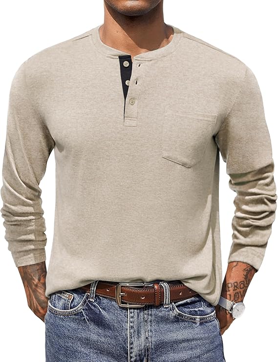 COOFANDY Men Long Sleeve Henley T-Shirs Casual Basic Lightweight Fashion Shirts Soild Tees with Pockets