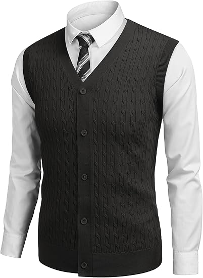 COOFANDY Men's Sleeveless Sweater Vest V-Neck Casual Cable Knit Button Down Cardigan Vest
