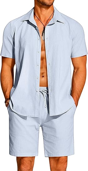 COOFANDY Men's 2 Pieces Cotton Linen Set Short Sleeve Button Down Shirts Summer Beach Shorts Casual Outfits