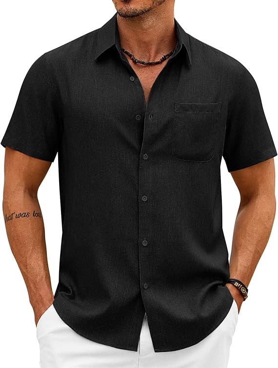 COOFANDY Mens Button Down Shirt Short Sleeve Casual Shirts Summer Beach Wedding Linen Shirt with Pocket
