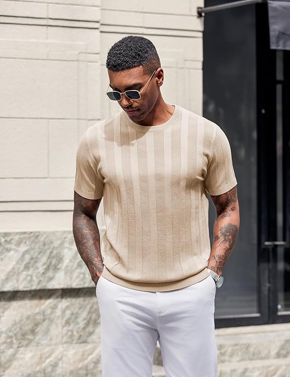 COOFANDY Mens T-Shirts Short Sleeve Knit Shirt Crew Neck Sweater Fashion Casual Textured Pullover Tees