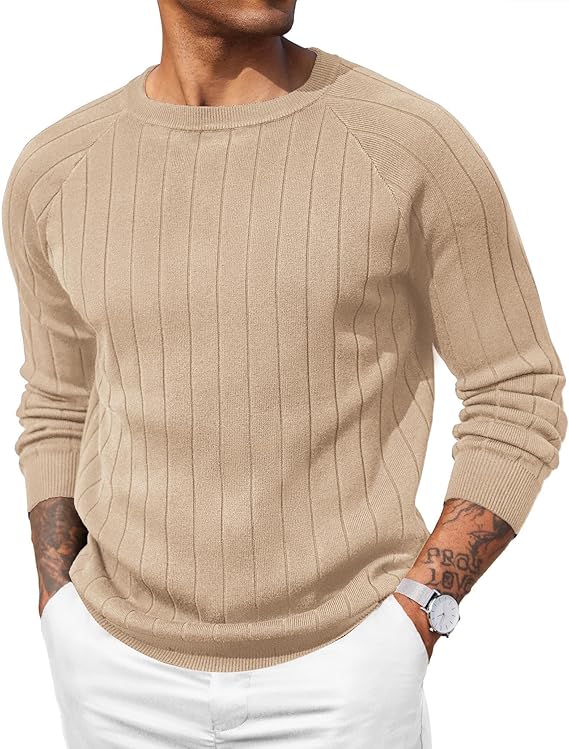 COOFANDY Mens Crewneck Pullover Sweaters Business Casual Long Sleeve Slim Fit Sweater Chunky Cable Knit Sweater