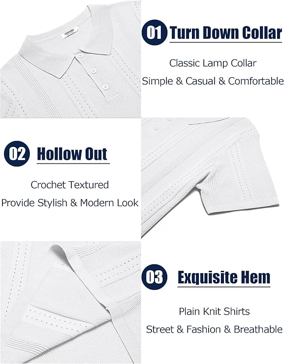 COOFANDY Mens Knit Polo Shirts Short Sleeve Textured Button Down Polo Shirt Cuban Guayabera Summer Beach Shirts