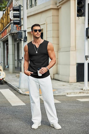 COOFANDY Men's Casual Tank Tops Knit V Neck Sleeveless T Shirts 2 Pack Summer Beach Lightweight Muscle Tee