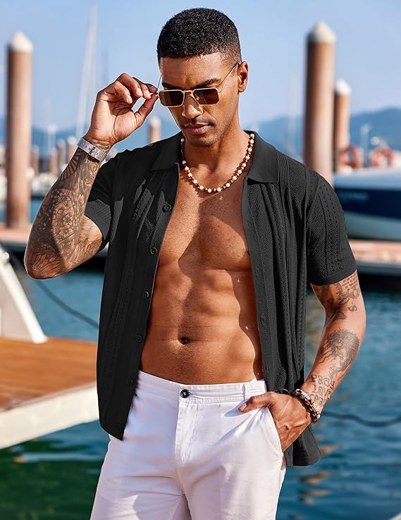 COOFANDY Men's Knit Shirts Short Sleeve Button Down Polo Shirt Fashion Casual Summer Beach Shirts
