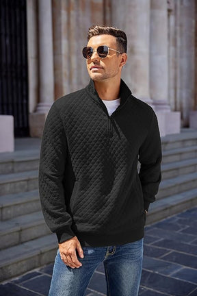 COOFANDY Mens Quarter Zip Pullover Quilted Sweatshirt Knit Long Sleeve Mock Neck Sweater Polo with Pocket