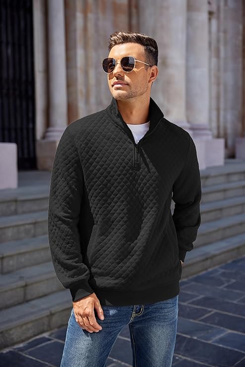 COOFANDY Mens Quarter Zip Pullover Quilted Sweatshirt Knit Long Sleeve Mock Neck Sweater Polo with Pocket